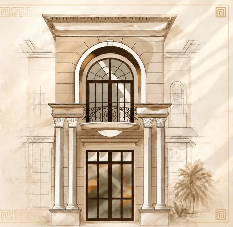 Architectural sketch of a classical row house facade at Siddhi Olympia