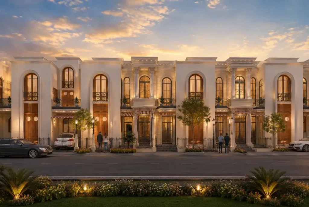 Luxury row houses at Siddhi Olympia, Super Corridor, Indore at dusk