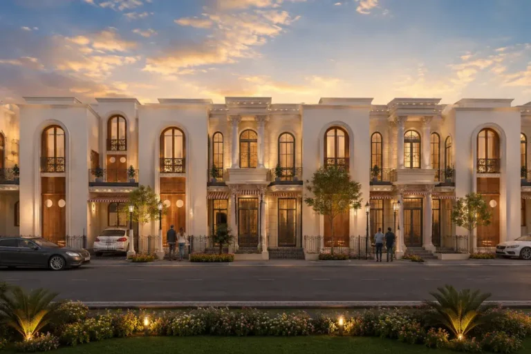 Luxury row houses at Siddhi Olympia, Super Corridor, Indore at dusk