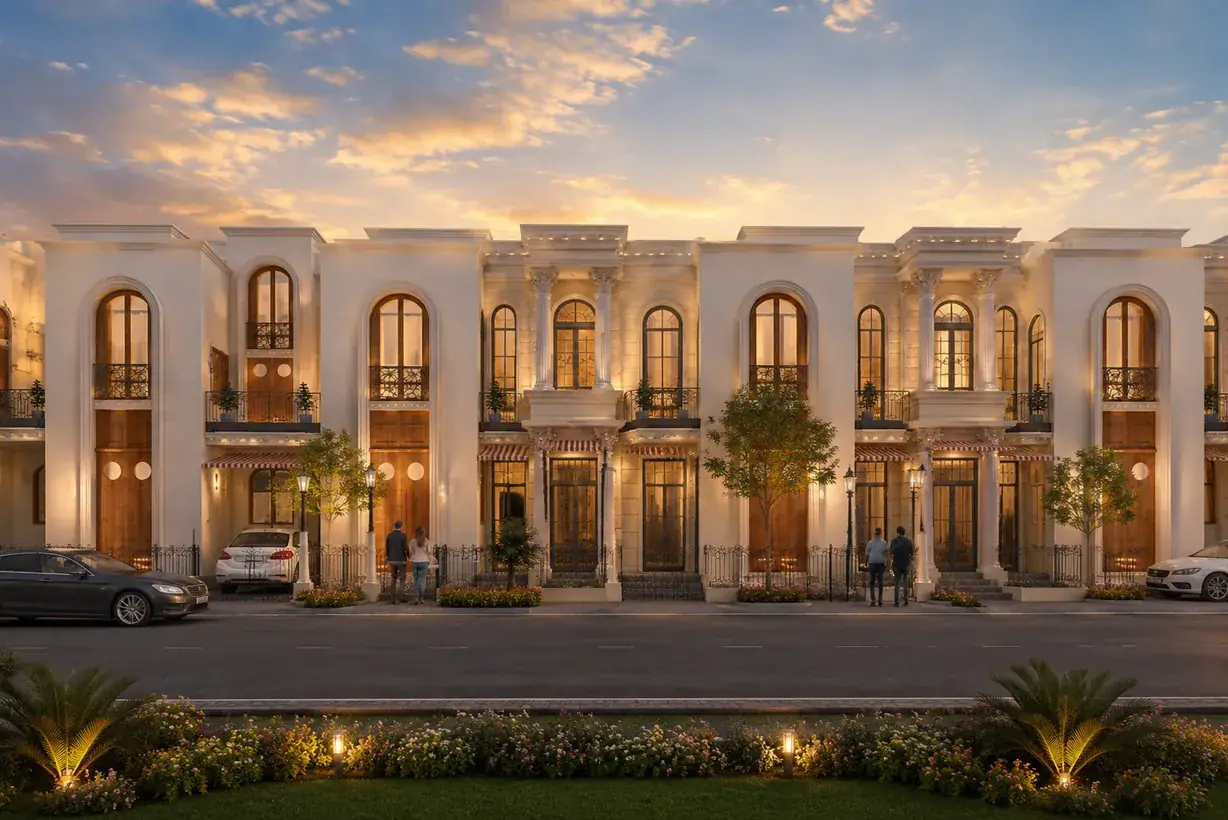 Luxury row houses at Siddhi Olympia, Super Corridor, Indore at dusk