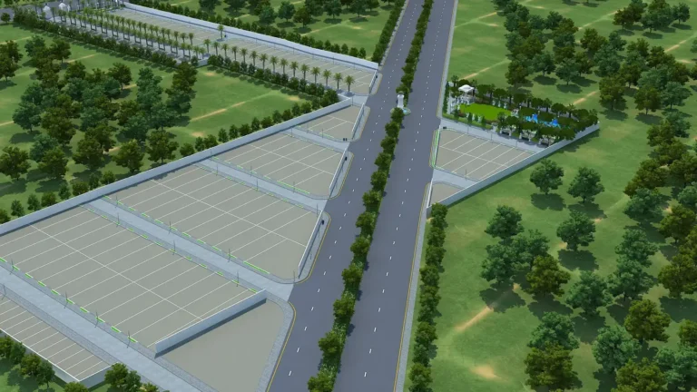 Aerial view of residential plots and 30 m boulevard at Siddhi Olympia, Super Corridor, Indore