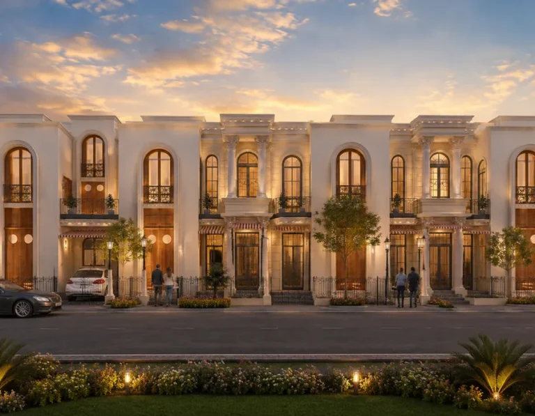 3 and 4 BHK row house facades with arched windows and wrought-iron balconies