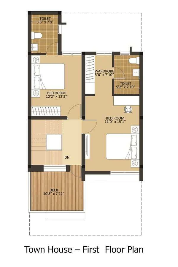 First floor plan with deck, master bedroom and second bedroom