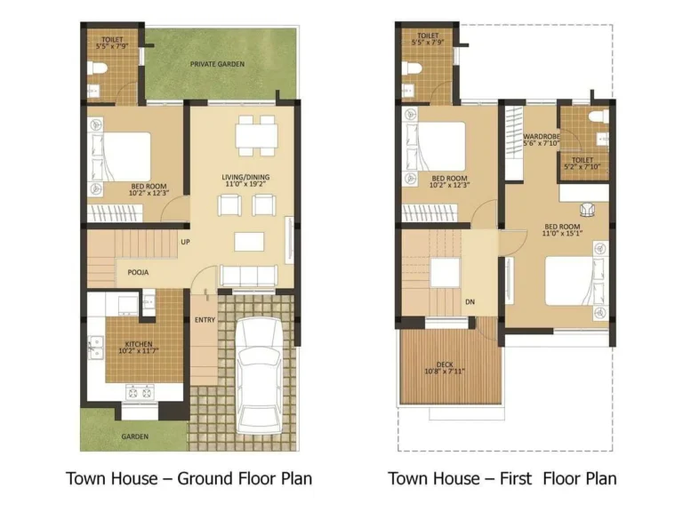 Ground and first floor plans of a luxury row house at Siddhi Olympia