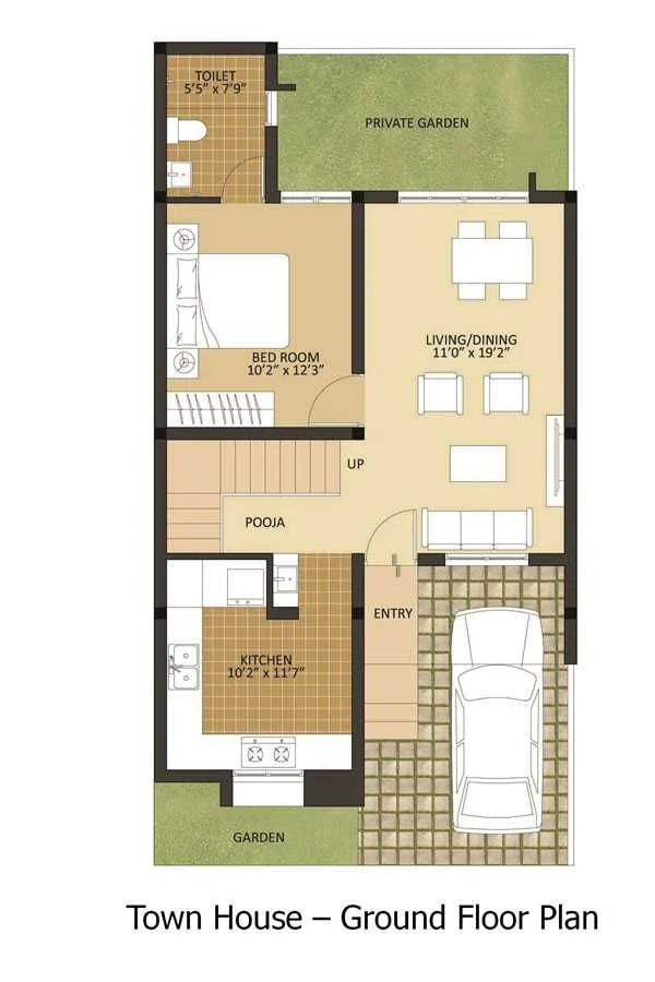 Ground floor plan with parking, living, kitchen, pooja, bedroom and private garden