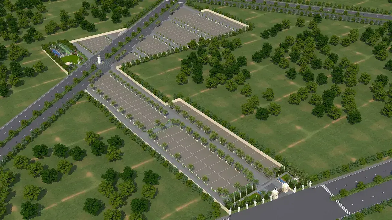 Gated plotted development with palm-lined avenue at Siddhi Olympia